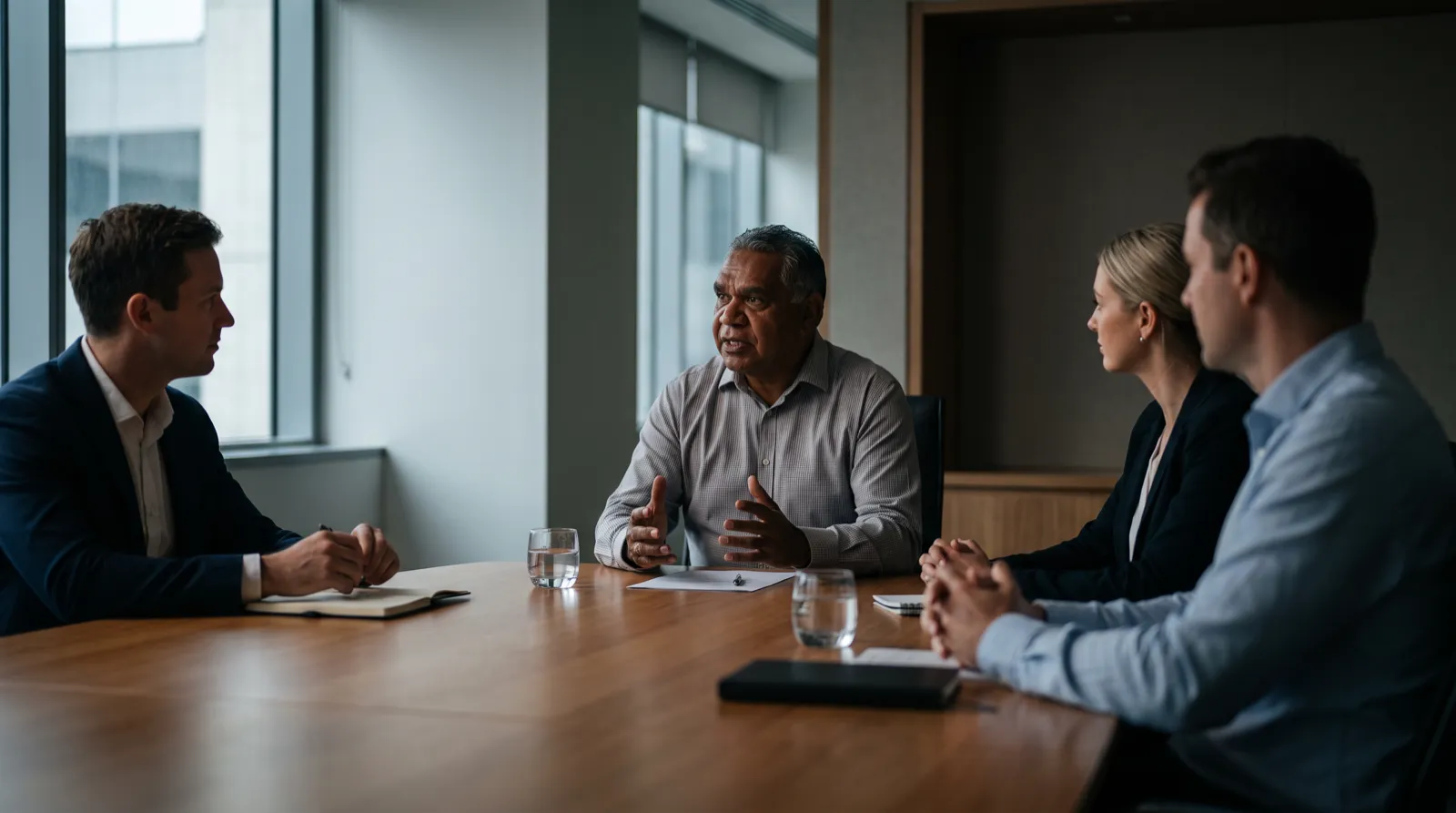 An Aboriginal advisor speaking with executives in a boardroom