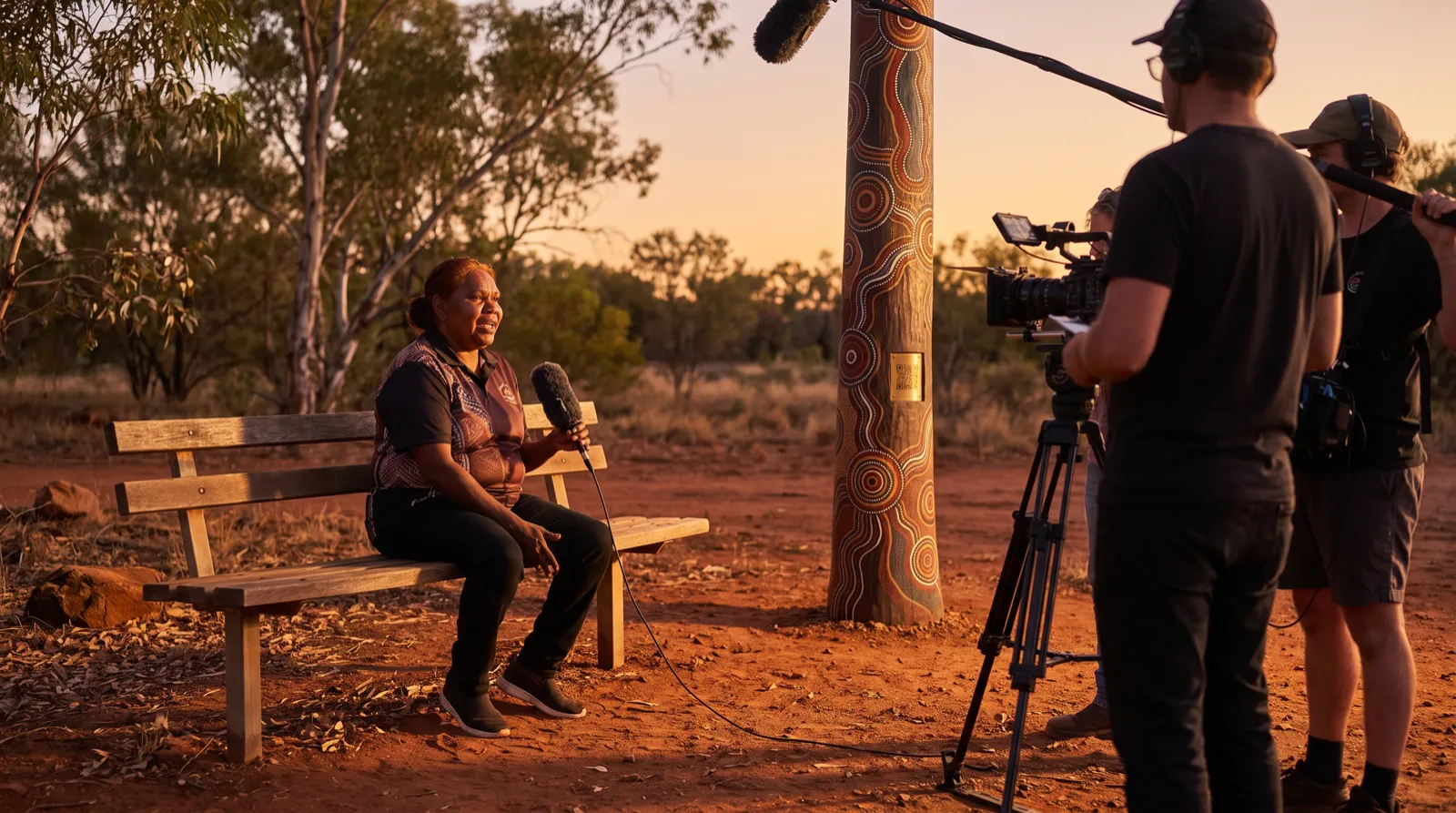 An Aboriginal woman being interviewed on camera on Country at sunset
