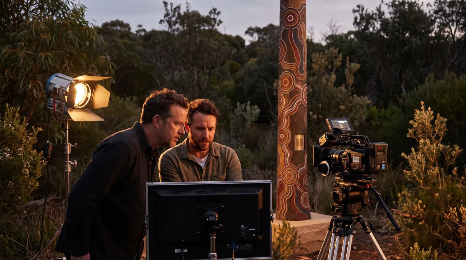 A film crew reviewing footage on a monitor at dusk