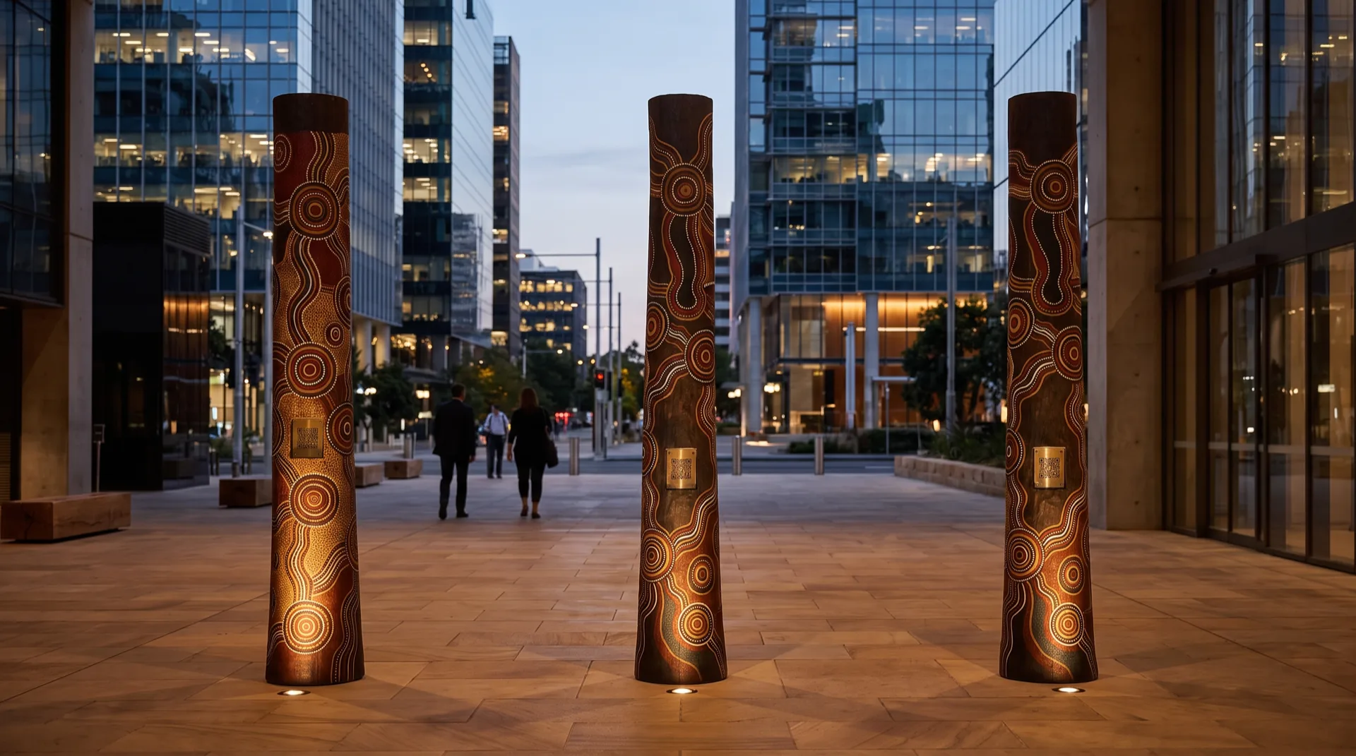 Three CultureStream totem poles installed along a city concourse