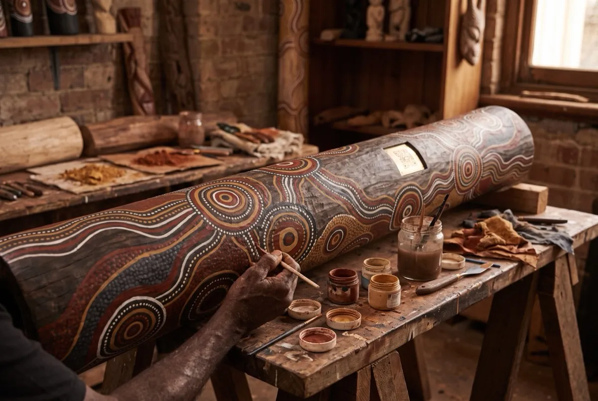 An artist painting ochre patterns onto a CultureStream totem