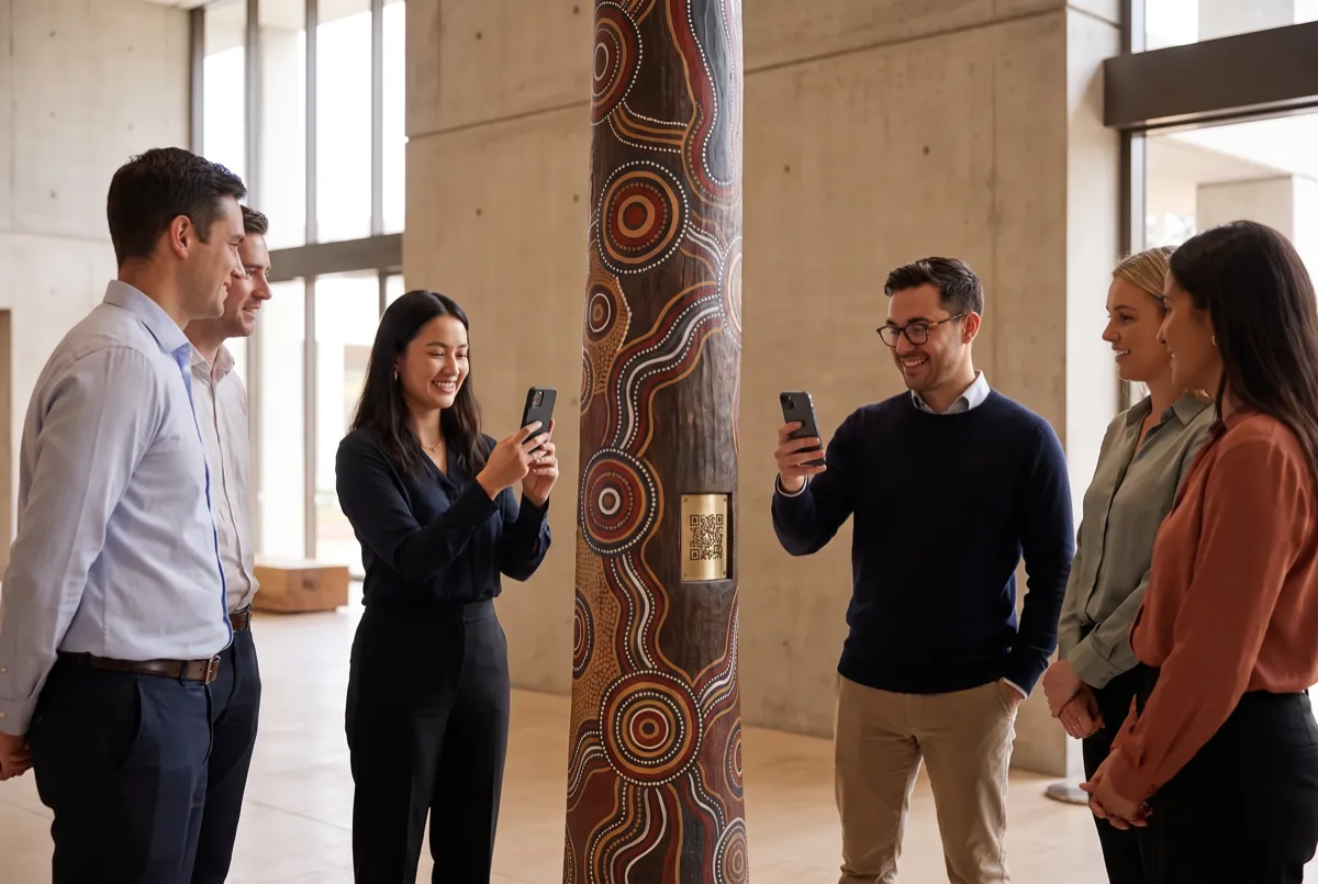 Office workers viewing an AR story on a CultureStream totem