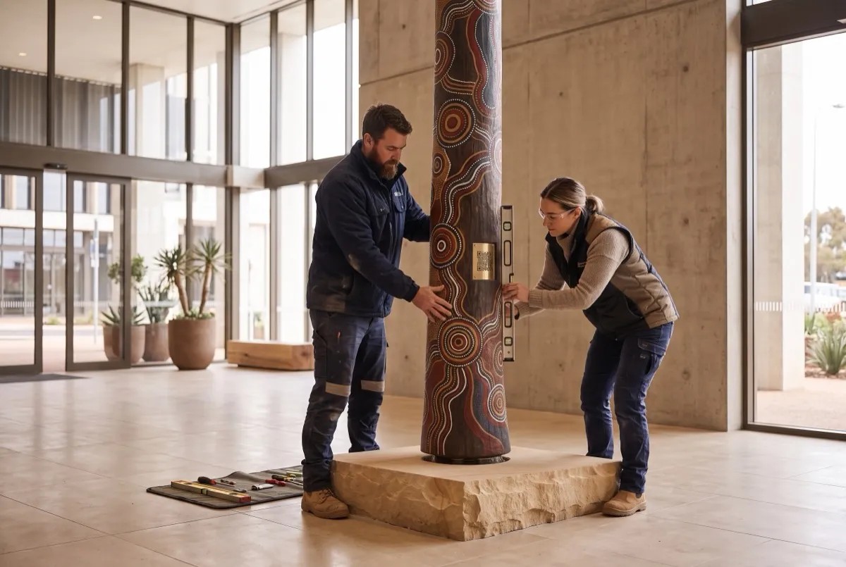 Installers positioning a CultureStream totem in a foyer