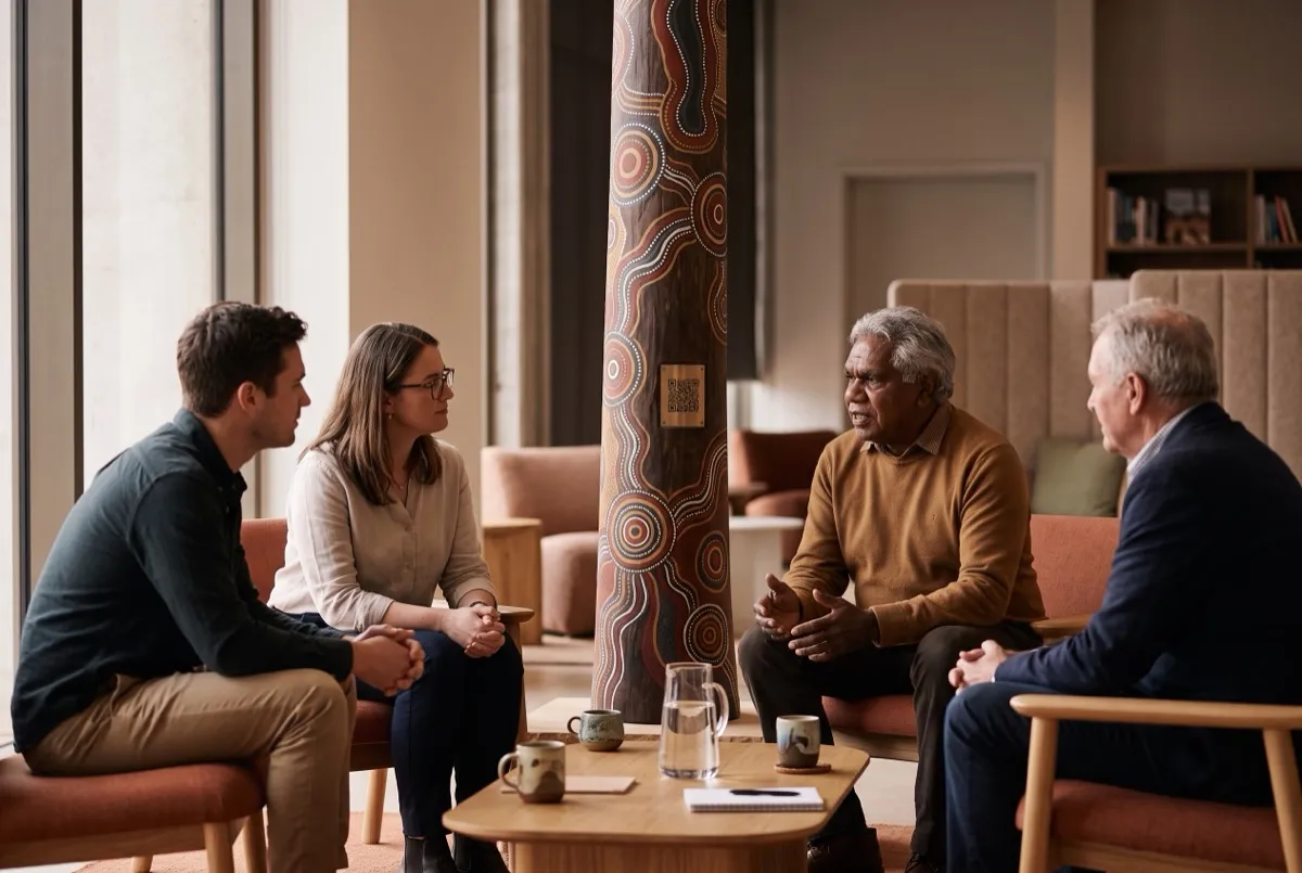 People in a relaxed yarning circle in an office breakout space